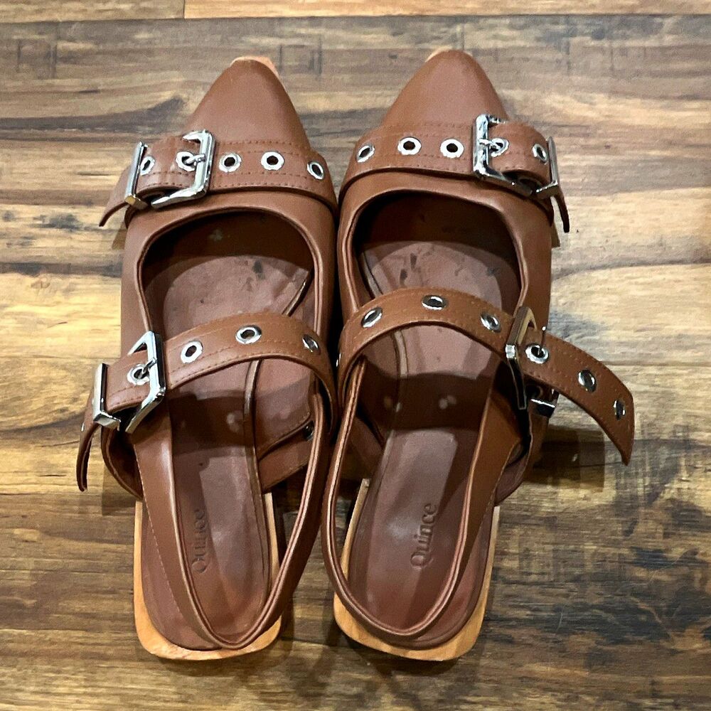 Quince Brown Leather Strappy Pointed Toe Buckle Adjustable Heels Womens 8